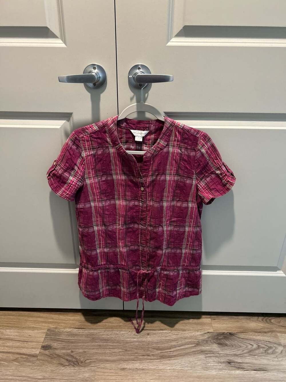 Christopher & Banks Plaid Seersucker Button Up Drawstring Waist Top